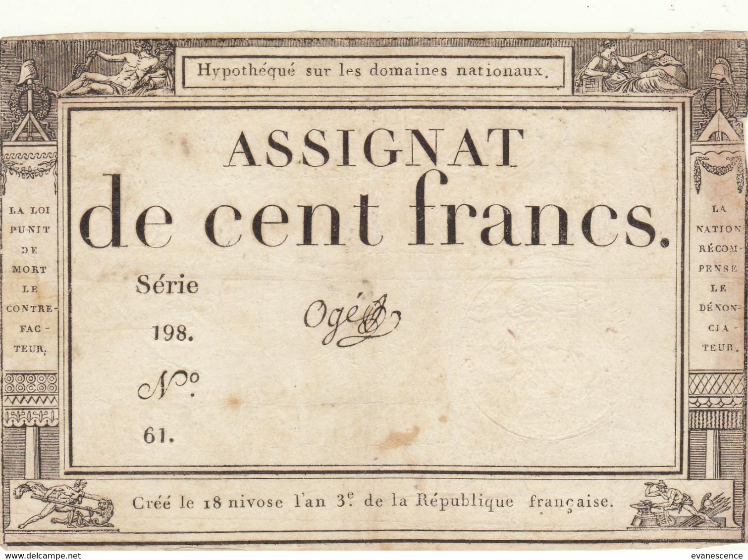 Assignat De 100 Francs Sur Domaines Nationaux , 18 Nivose An 3  /// Ref. Oct.  22 - Assignats & Mandats Territoriaux