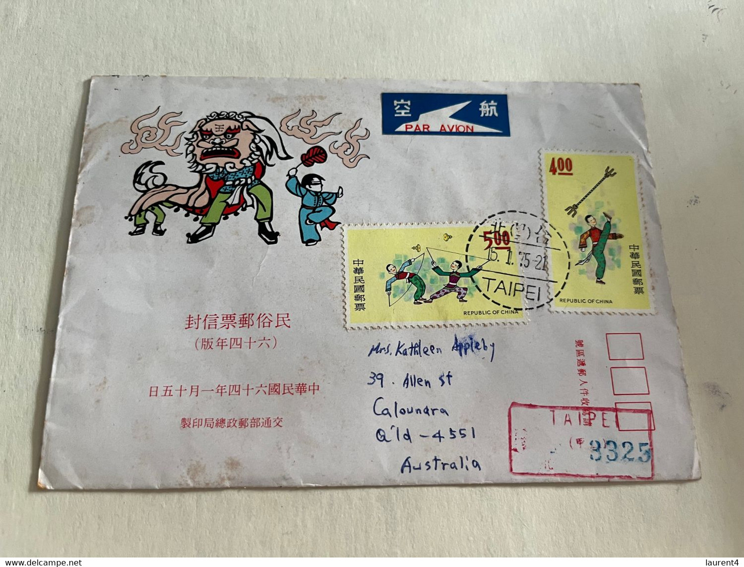 (2 L 23) Taiwan Cover Posted To Queensland - Registered - 1975 (with Insert) - Briefe U. Dokumente