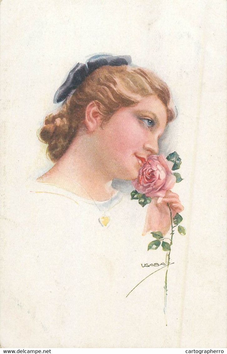 Usabal Signed Glamour Lady Portrait With Rose - Usabal