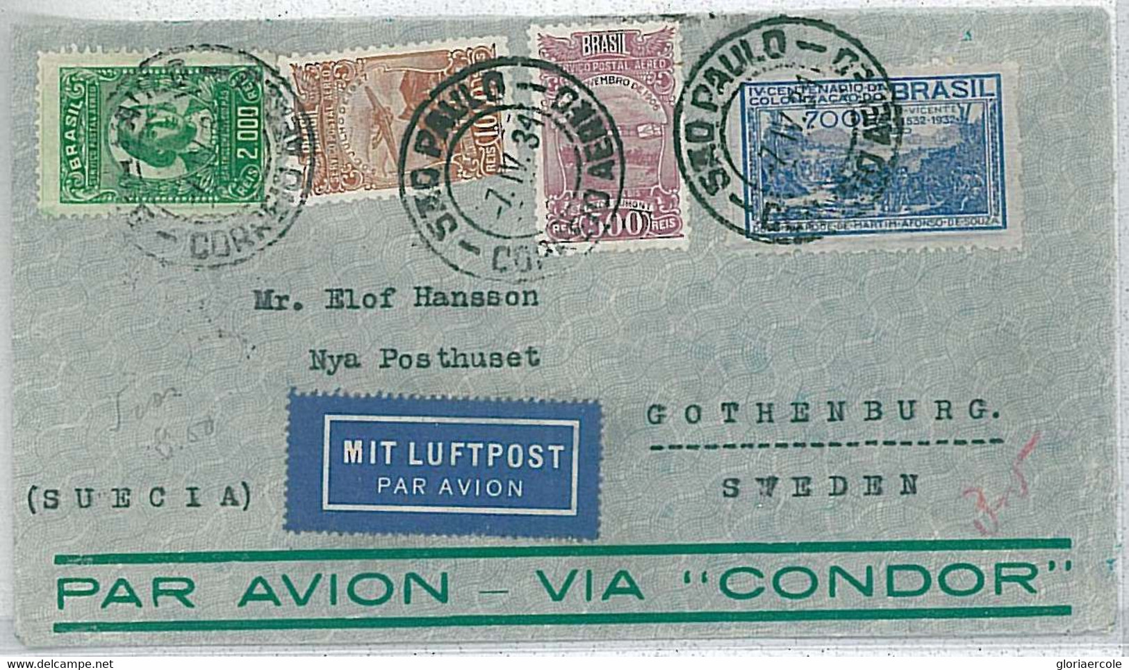 27419 - BRAZIL -  POSTAL HISTORY - AIRMAIL COVER To SWEDEN 1934 - Other & Unclassified