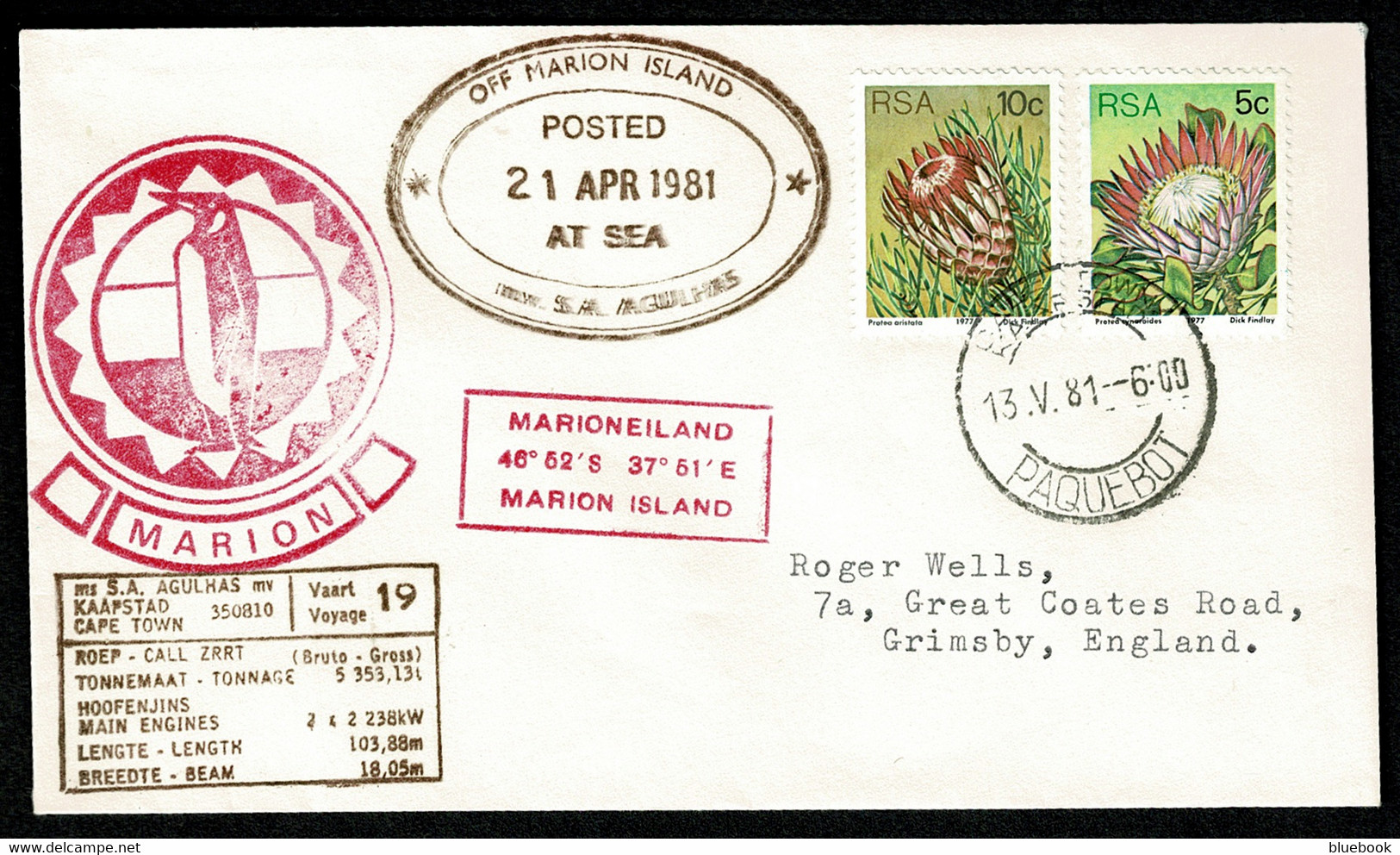 Ref 1575 -  1981 Maritime Paquebot Cover - Marion Island South Africa To Grimsby - Cachets - Briefe U. Dokumente