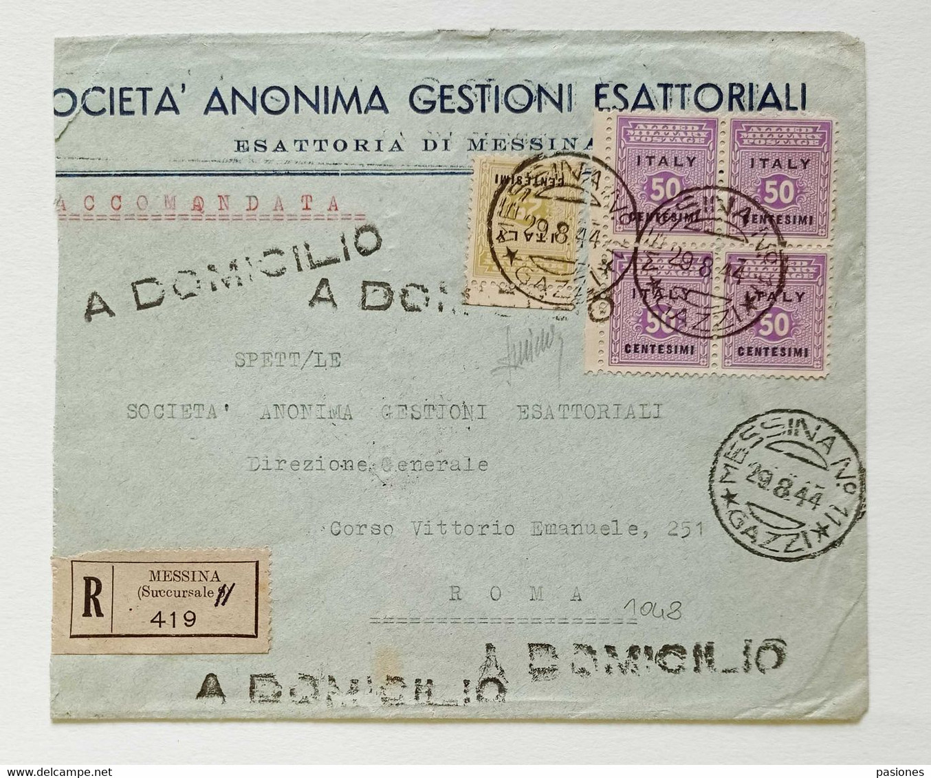 Busta Di Lettera Raccomandata Da Messina Per Roma 29/08/1944 Occupazione Anglo-Americana Della Sicilia - Britisch-am. Bes.: Sizilien