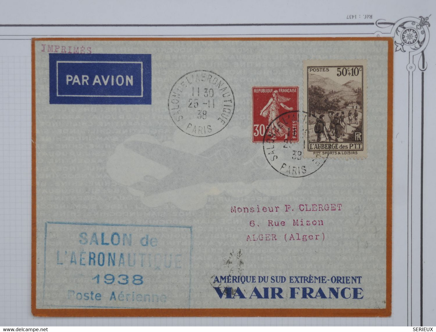 BG1  FRANCE   BELLE LETTRE RR 1938 SALON DE L AERONAUTIQUE PARIS +N°347!!!!+CACHET DU VOL+A ALGER +++AFFRANCH. PLAISANT - 1927-1959 Cartas & Documentos