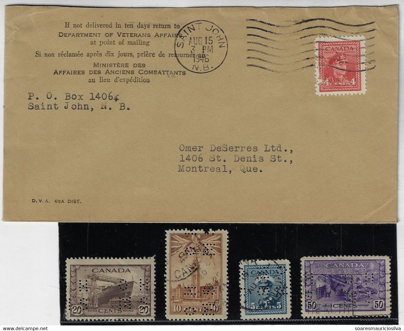 Canada 1946 Department Of Veterans Affairs Cover With Perfin OH/MS On Her/His Majesty 's Service + 4 Stamp - Perfins