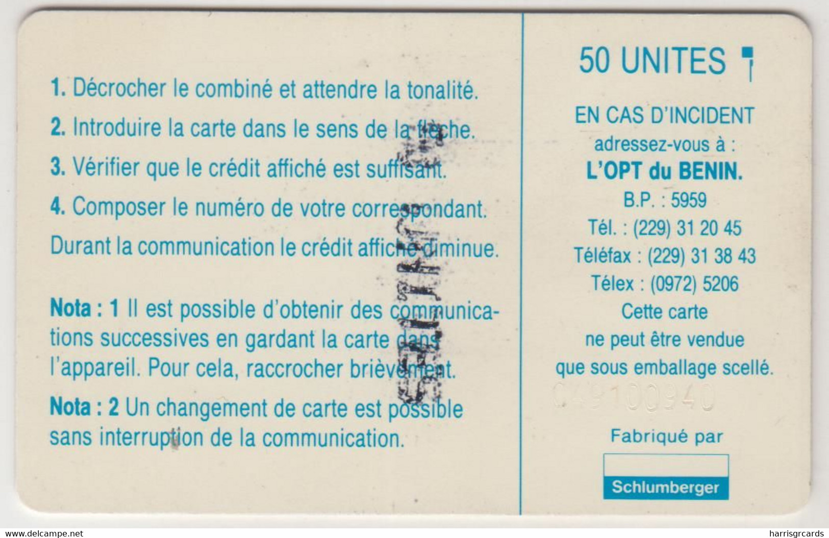 BENIN - Logo 50 (SC5 AFNOR), OPT, 50 U, CN: C49xxxxxx (glossy), Used - Benin