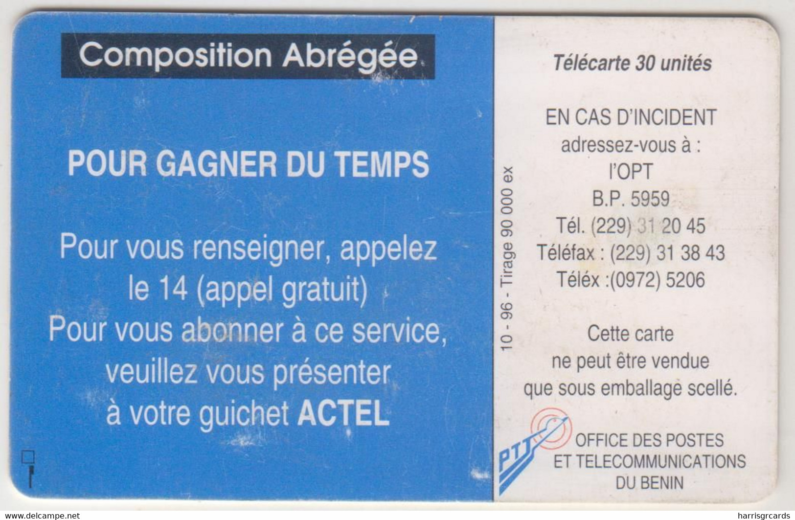 BENIN - Services Plus - Hand Dialing (10/96), OPT, 30 U, Used - Benin