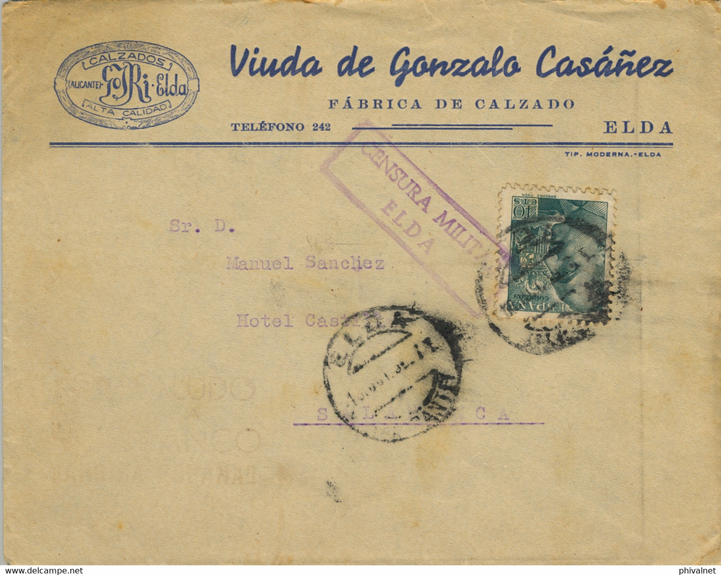 1939  ALICANTE , SOBRE COMERCIAL CIRCULADO ENTRE ELDA Y SALAMANCA , CENSURA MILITAR , LLEGADA - Briefe U. Dokumente