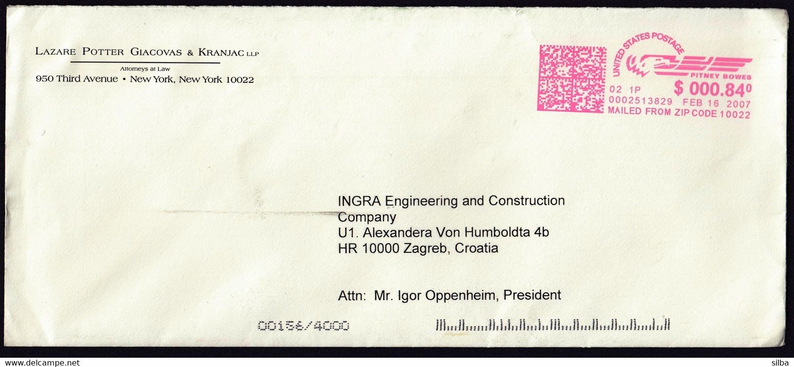 United States New York 2007 / US Postage 0.84 $, Pitney Bowes, Mailed From ZIP Code 10022 / Machine Stamp, QR Code - Lettres & Documents