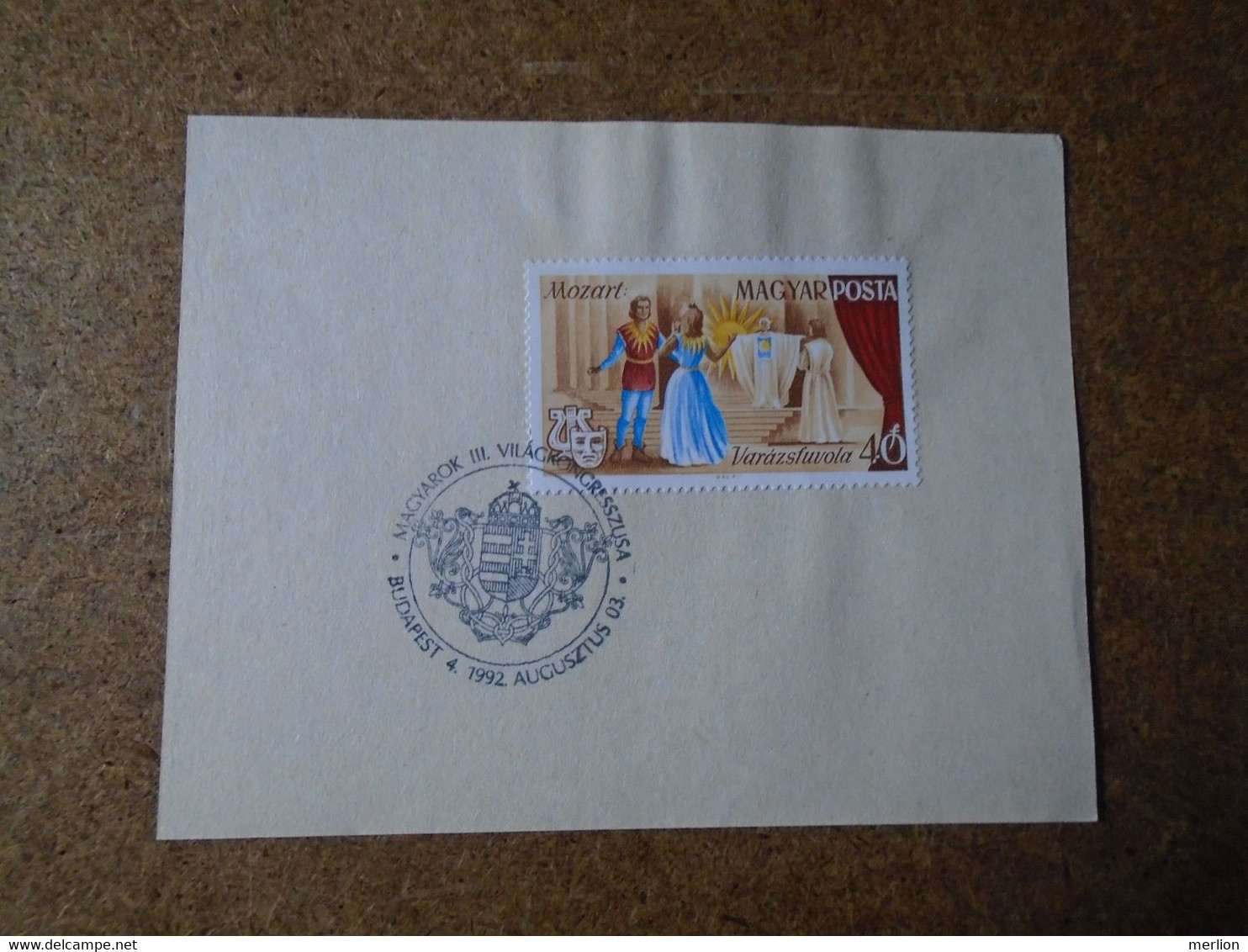 D191001   Hungary   1992  Commemorative Handstamp On A Sheet Of Paper  -Magyarok III Világkongresszusa Stamp Mozart - Andere & Zonder Classificatie