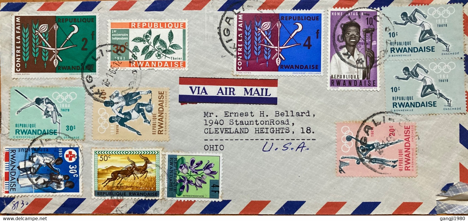 RWANDA 1984, COVER TO USA ,TOKYO OLYMPIC,RUNNING,HIGH JUMP, FOOTBALL,BASKETBALL HEALTH,HANDICAP ,RED CROSS ,DEER,FLOWER, - Storia Postale