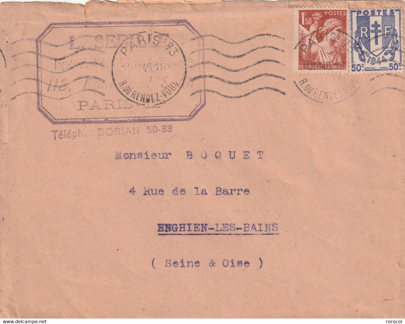 LETTRE PARIS 73 RUE DU RENDEZ VOUS 1945 - 1939-44 Iris