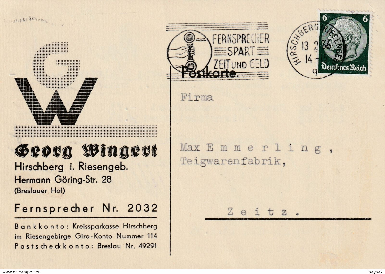 G16  --  POSTKARTE   --  HIRSCHBERG I Rsgb.  --  GEORG WINGERT    --  SCHLESIEN  --  1936 - Otros & Sin Clasificación