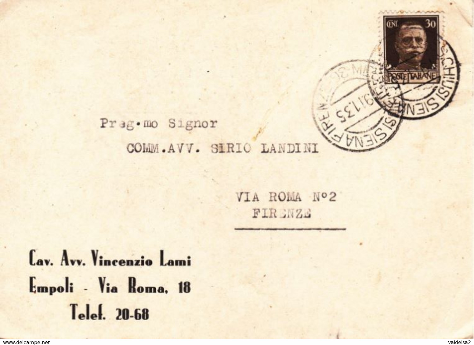 EMPOLI - FIRENZE - CARTOLINA COMMERCIALE "CAV.AVV.VINCENZIO LAMI" - STUDIO IN VIA ROMA - 1935 - Empoli