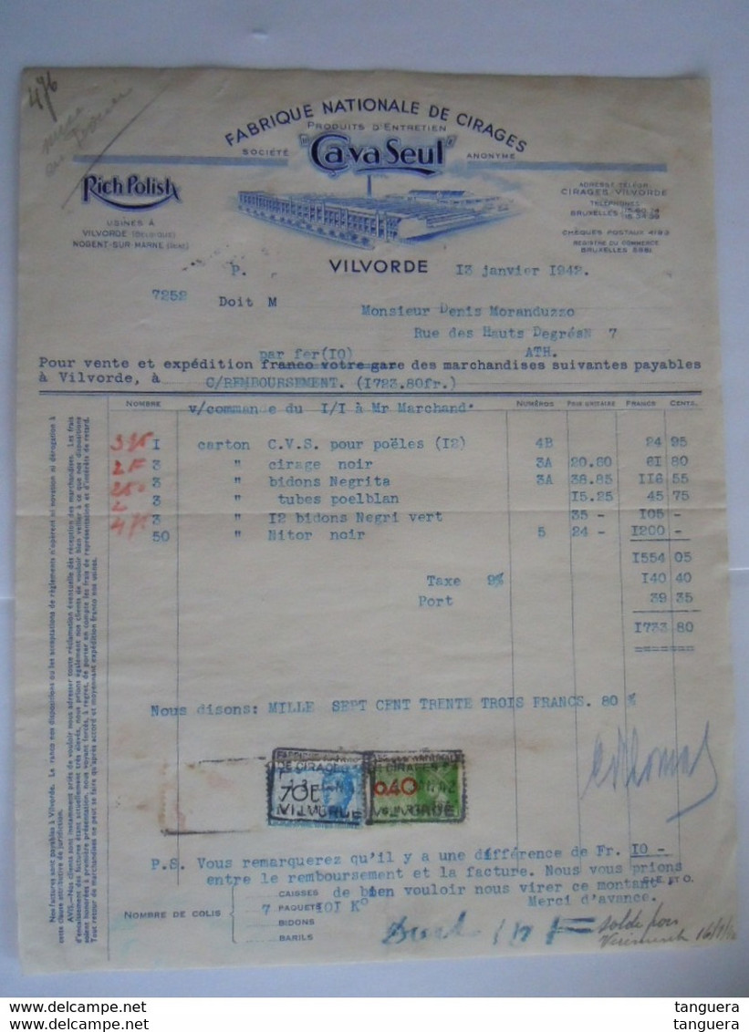 1941 Ca-va-Seul Vilvorde Vilvoorde Fabrique Nationale De Cirages Rich Polish Facture Moranduzzo Ath Taxe 140 Fr - Drogerie & Parfümerie