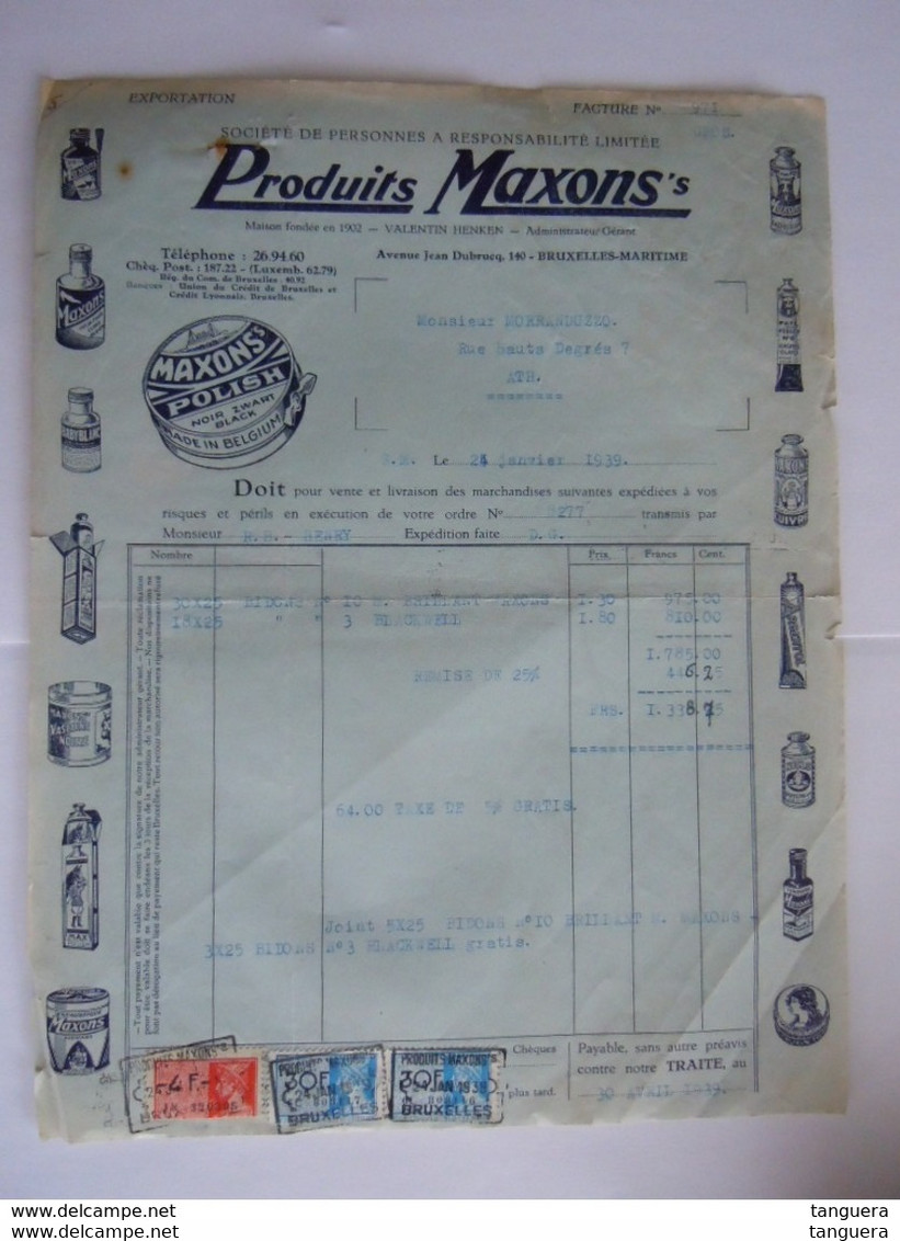 1940 Produits Maxons's Bruxelles-Maritime Polish  Facture Moranduzzo Ath Taxe 64 Fr - Chemist's (drugstore) & Perfumery