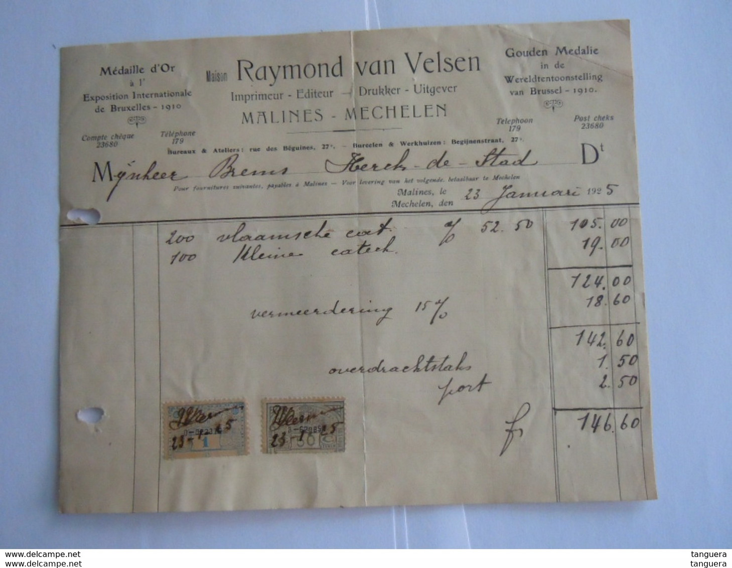 1925 Raymond Van Velsen Drukker Uitgever Imprimeur Mechelen Facture Factuur Brems Herck-de -stad Taxe 1,50 Fr - Imprimerie & Papeterie