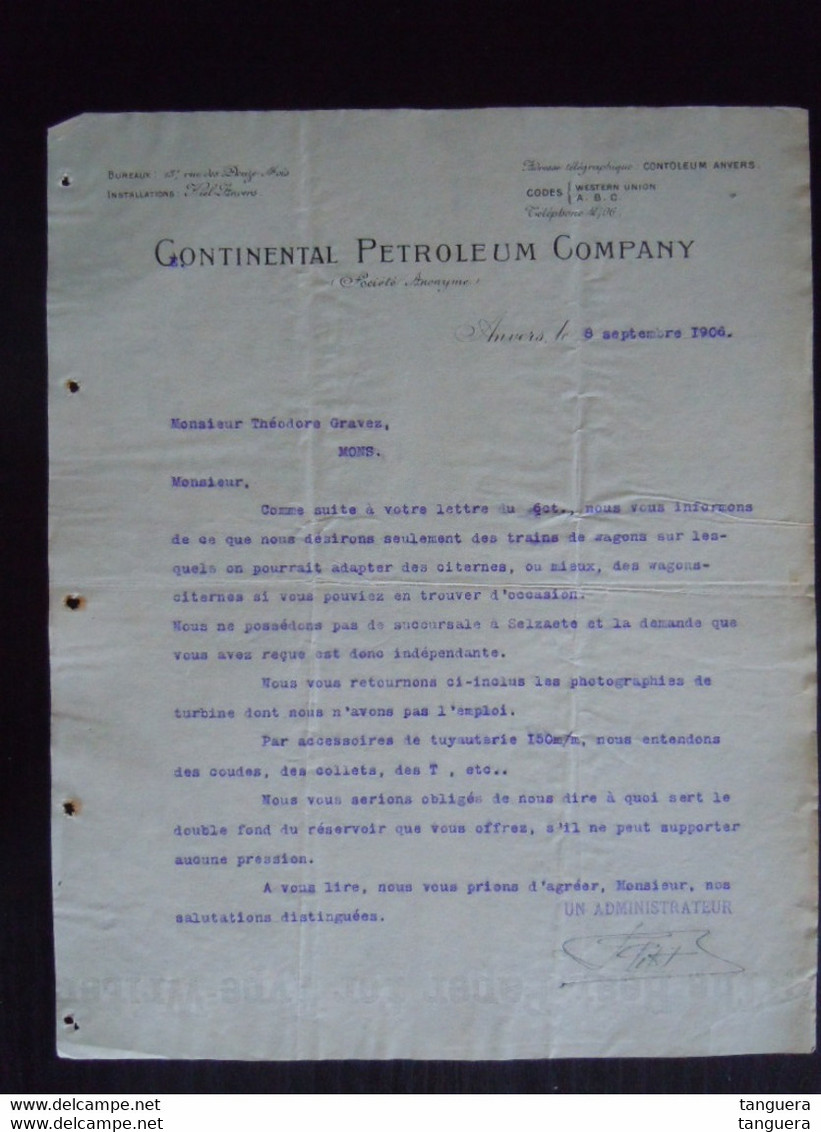 1906 Continental Petroleum Company Anvers Commande De Trains De Wagons Pour Citernes Lettre à Théodore Gravez à Mons - Transports
