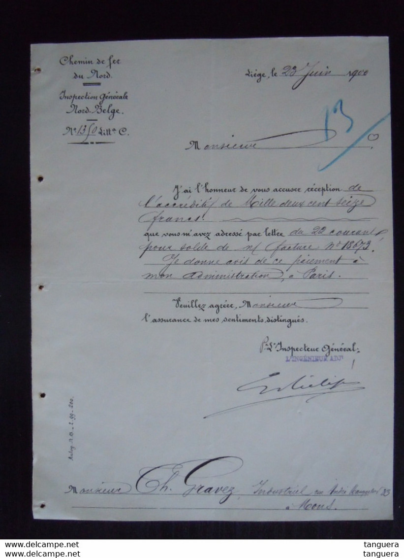 1900 Compagnie Des Chemins De Fer Du Nord Inspection Générale Nord-Belge Liège Lettre Pour Gravez à Mons Belgique - Trasporti