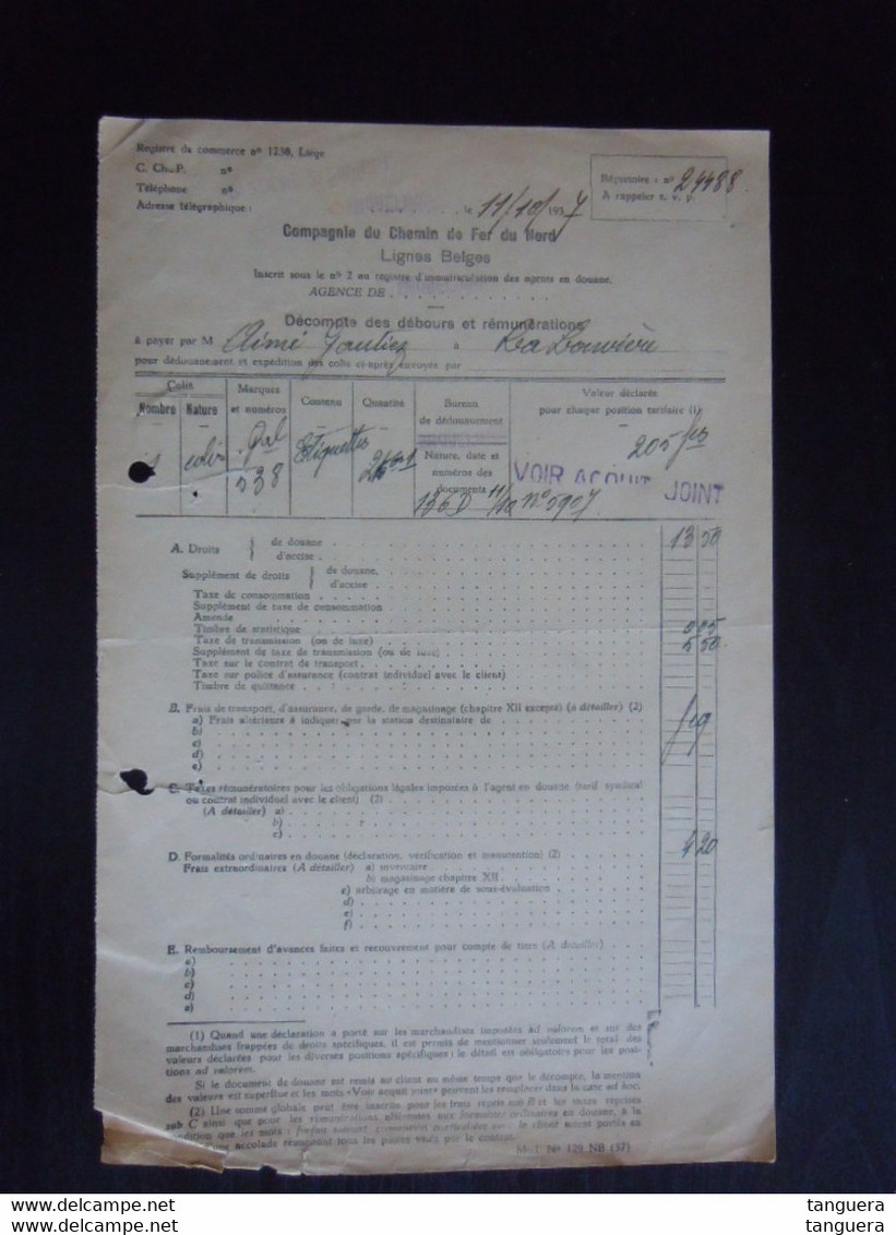 1937 Facture Compagnie Du Chemin De Fer Du Nord Lignes Belges Erquelinnes Droits De Douane La Louvière - Transports