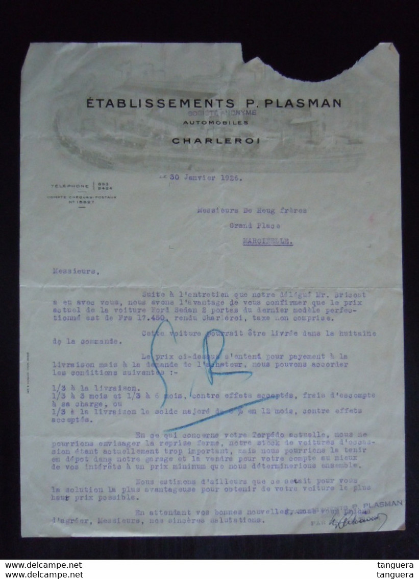 1926 Ets P. Plasman Automobiles Charleroi Lettre Offre Voiture Ford Sedan Pour Marcinelle - Automobil