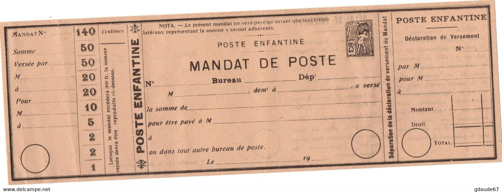 POSTE ENFANTINE - MANDAT DE POSTE FICTIF - PSEUDO ENTIER - Fictifs