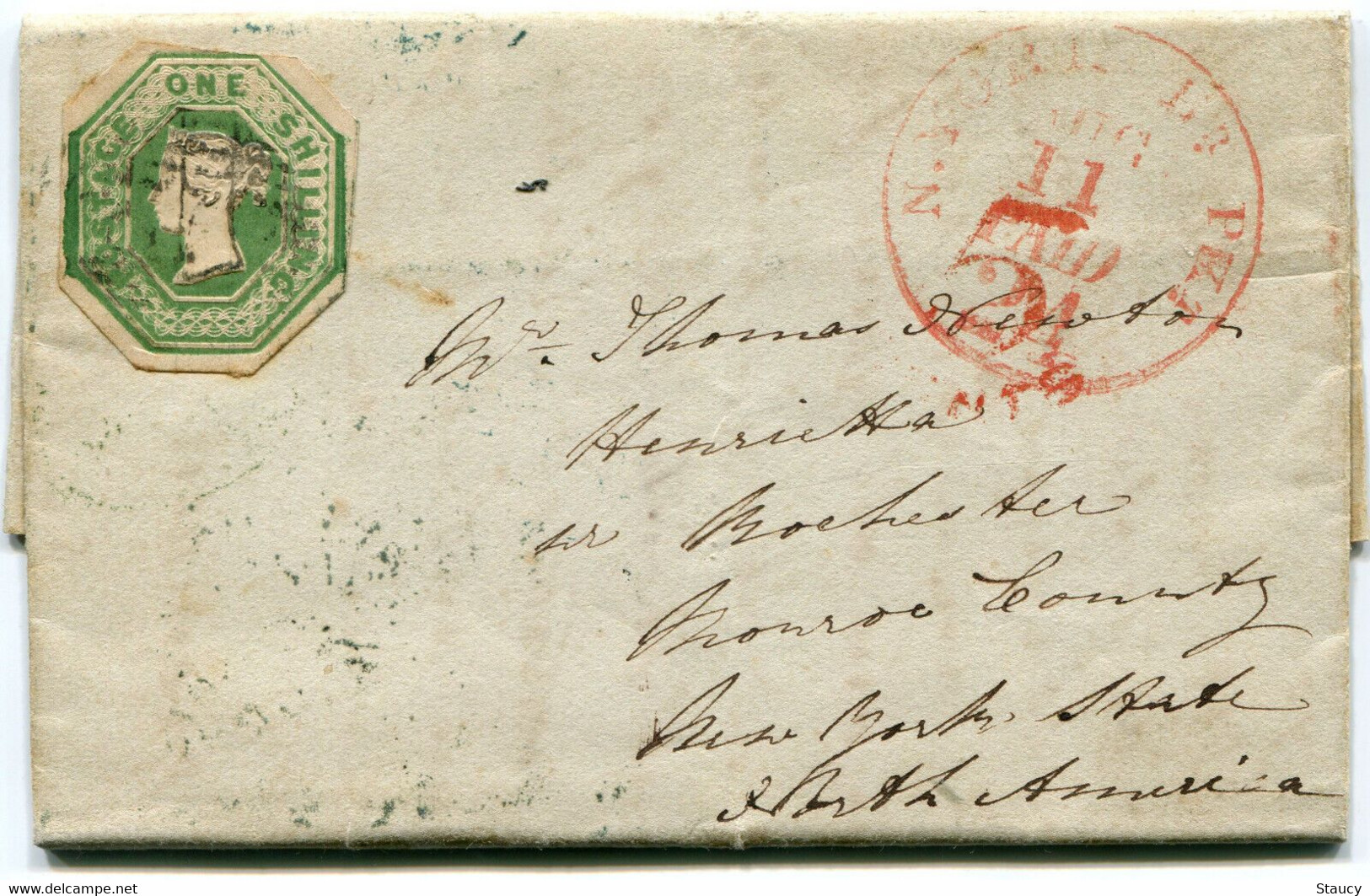 UK GB GREAT BRITAIN 1853 Under Paid Cover Franked With One Shilling Embossed To USA Add 5c Charged In USA As Per Scan - Lettres & Documents