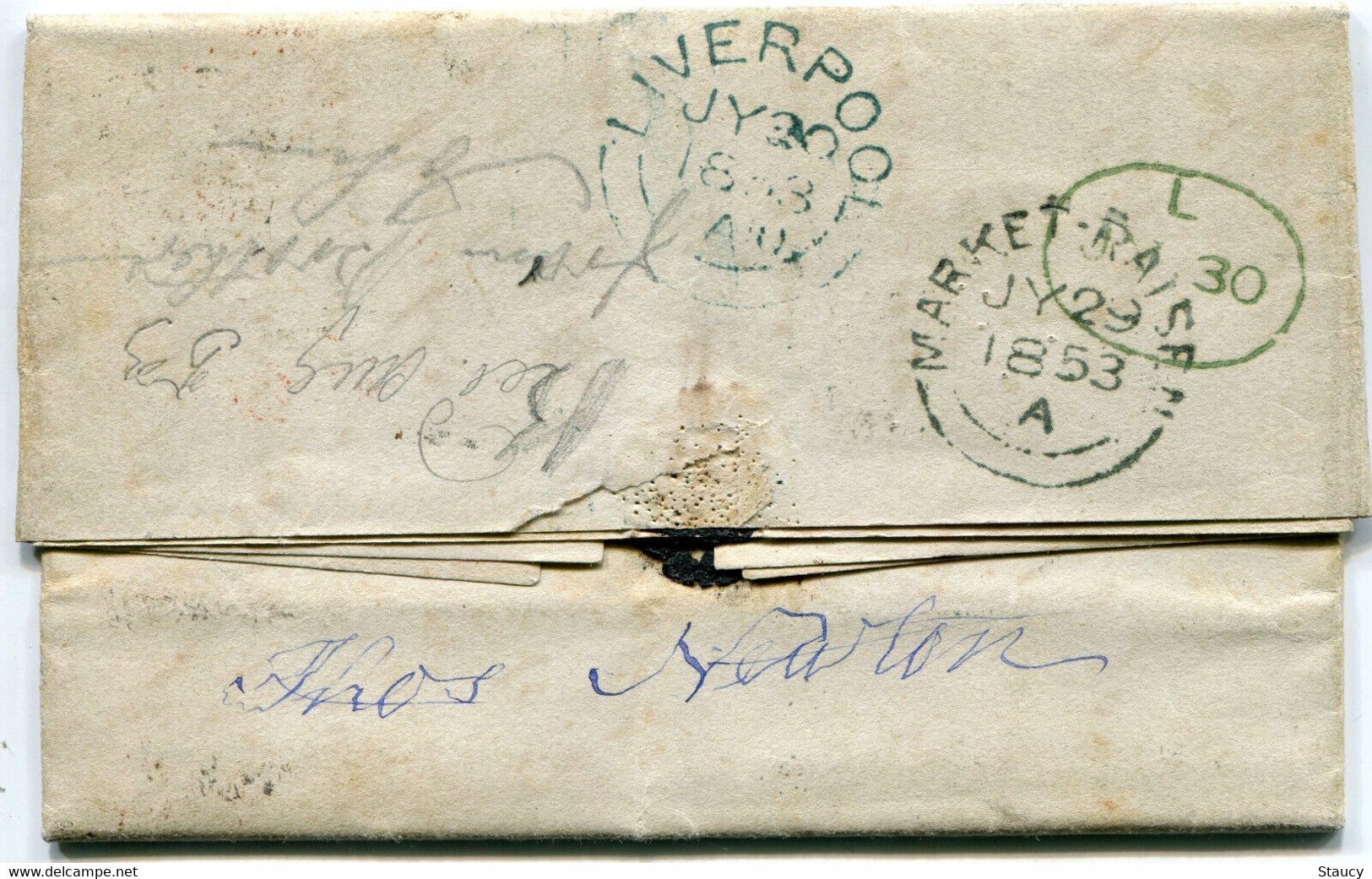 UK GB GREAT BRITAIN 1853 Under Paid Cover Franked With One Shilling Embossed To USA Add 5c Charged In USA As Per Scan - Oblitérés