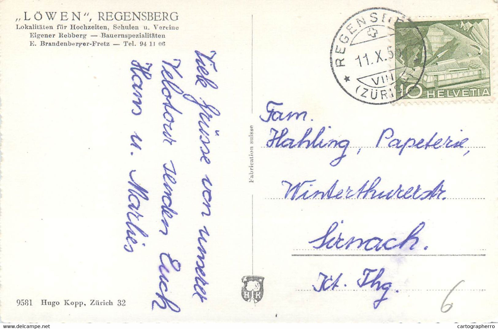 Switzerland Zurich REGENSBERG Hugo Kopp 1955 Lowen Postcard - Regensberg