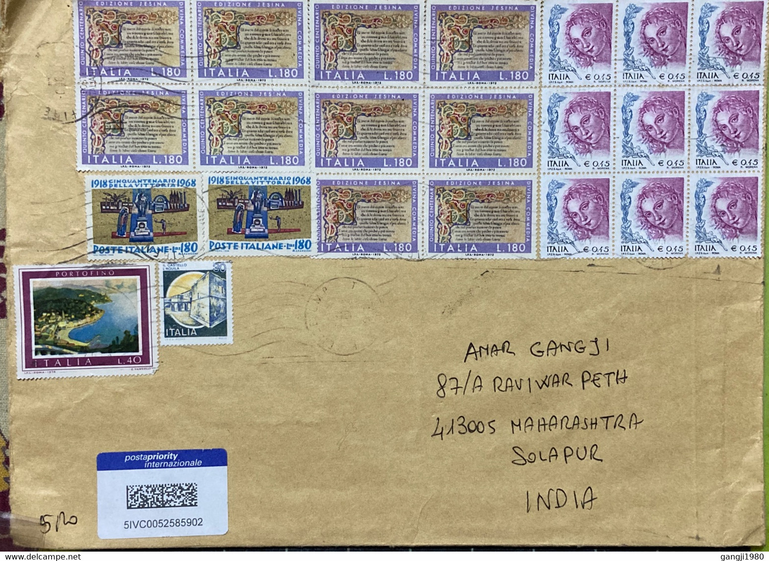 ITALY 2022, USED AIRMAIL COVER TO INDIA TOTAL 23 STAMPS 1972 TO 1974 MULTIPLE ! QUEEN,SEA ,TOWN ,NATURE,BUILDING,FORT, - 2021-...: Gebraucht