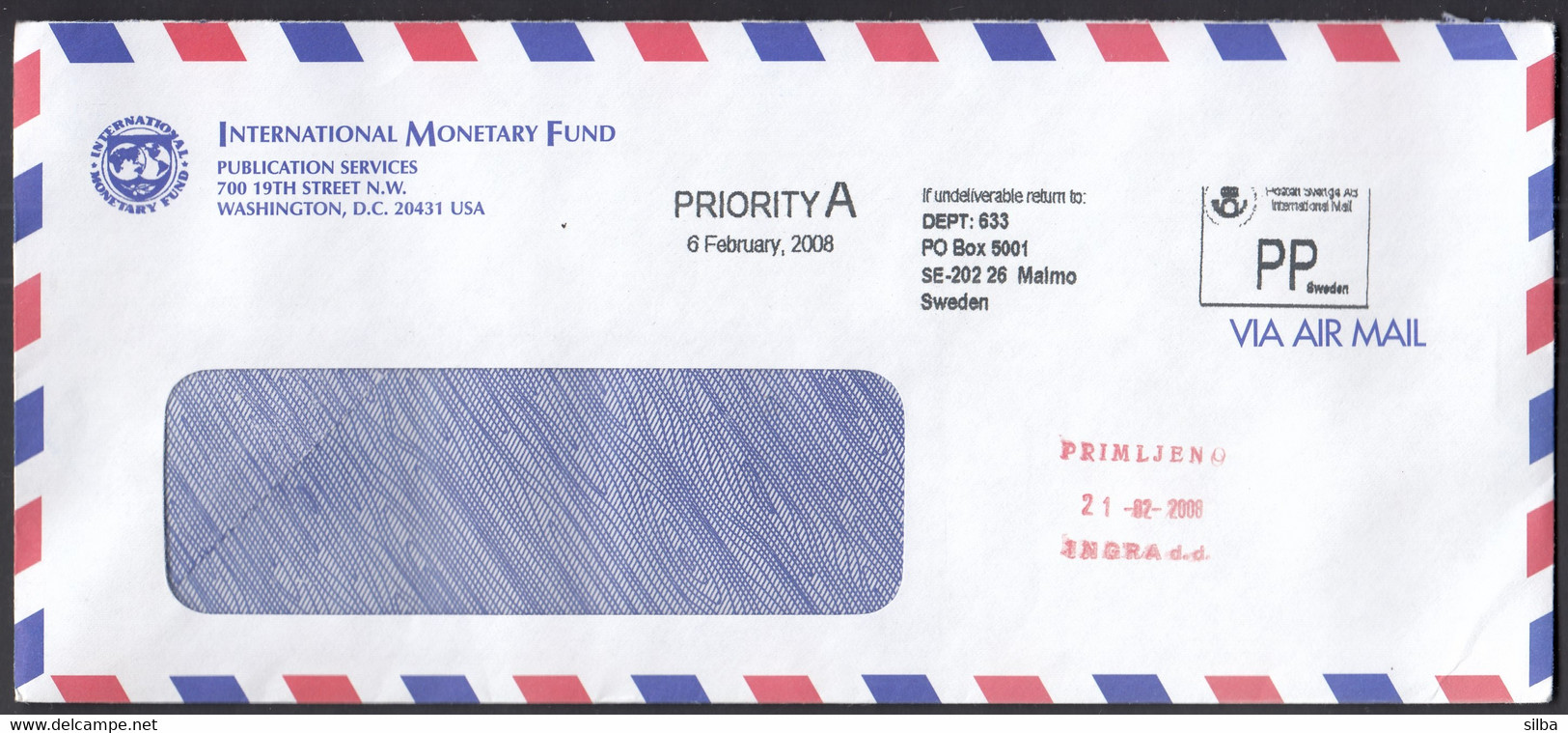 Sweden Malmo 2008 / Machine Stamp ATM, Priority A, Postage Paid / International Monetary Fund - Lettres & Documents