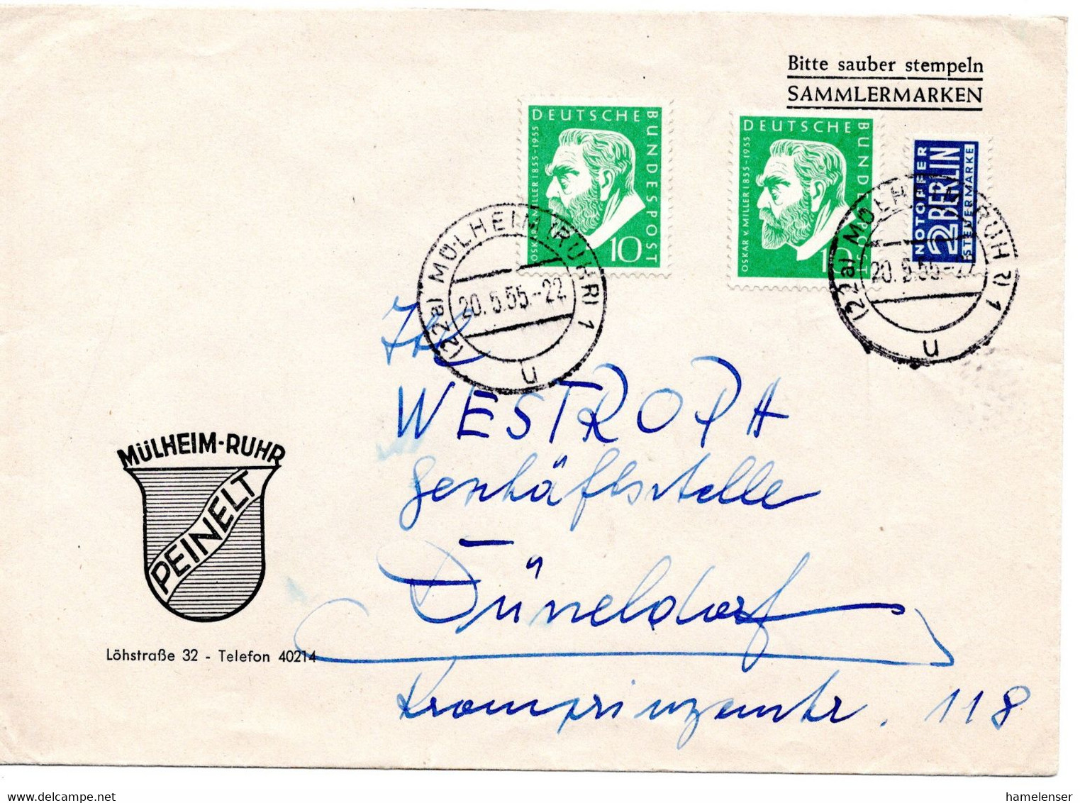 61441 - Bund - 1955 - 2@10Pfg Miller A Bf MUELHEIM -> Duesseldorf - Lettres & Documents