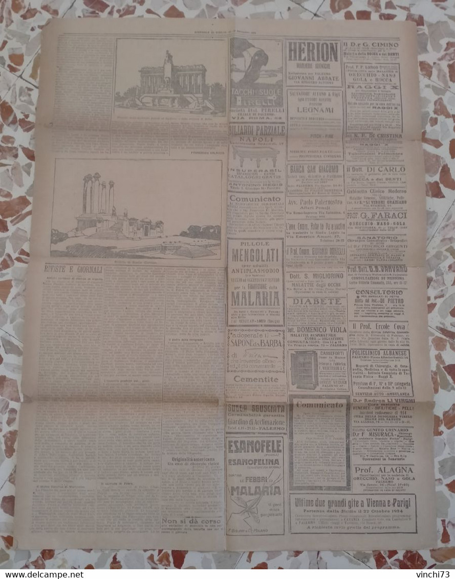 ! - ITALIA -GIORNALE DI SICILIA 27-28 SETTEMBRE 1924 - Prime Edizioni