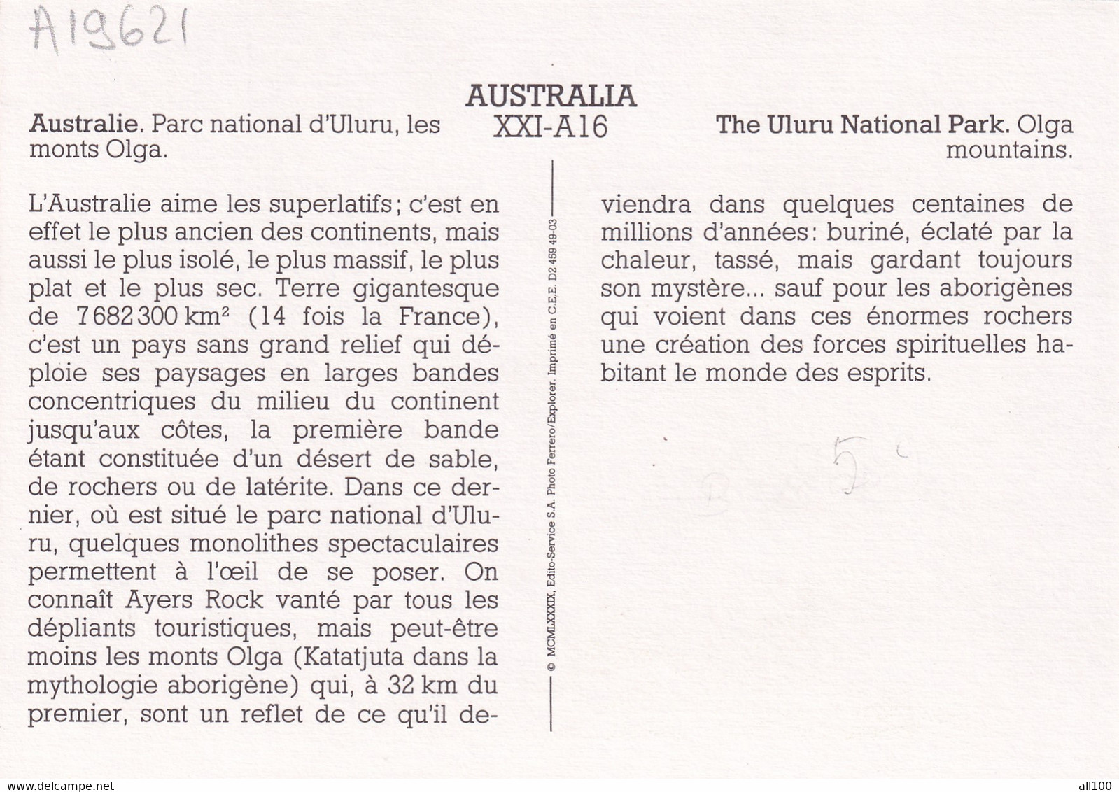 A19621 -THE ULURU NATIONAL PARK OLGA MOUNTAINS PARC NATIONAL D'ULURU LES MONTS OLGA AUSTRALIA AUSTRALIE POST CARD UNUSED - Uluru & The Olgas