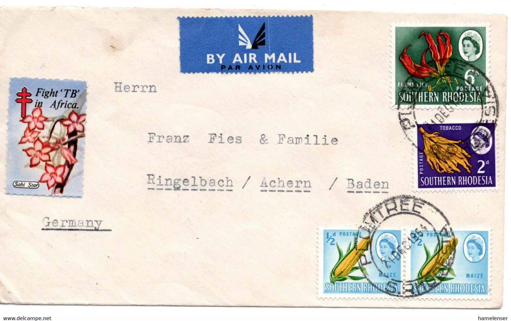 61519 - Suedhodesien - 1964 - 6d Gloriosa MiF A LpDrucksBf PLUMTREE -> Westdeutschland - Rodesia Del Sur (...-1964)