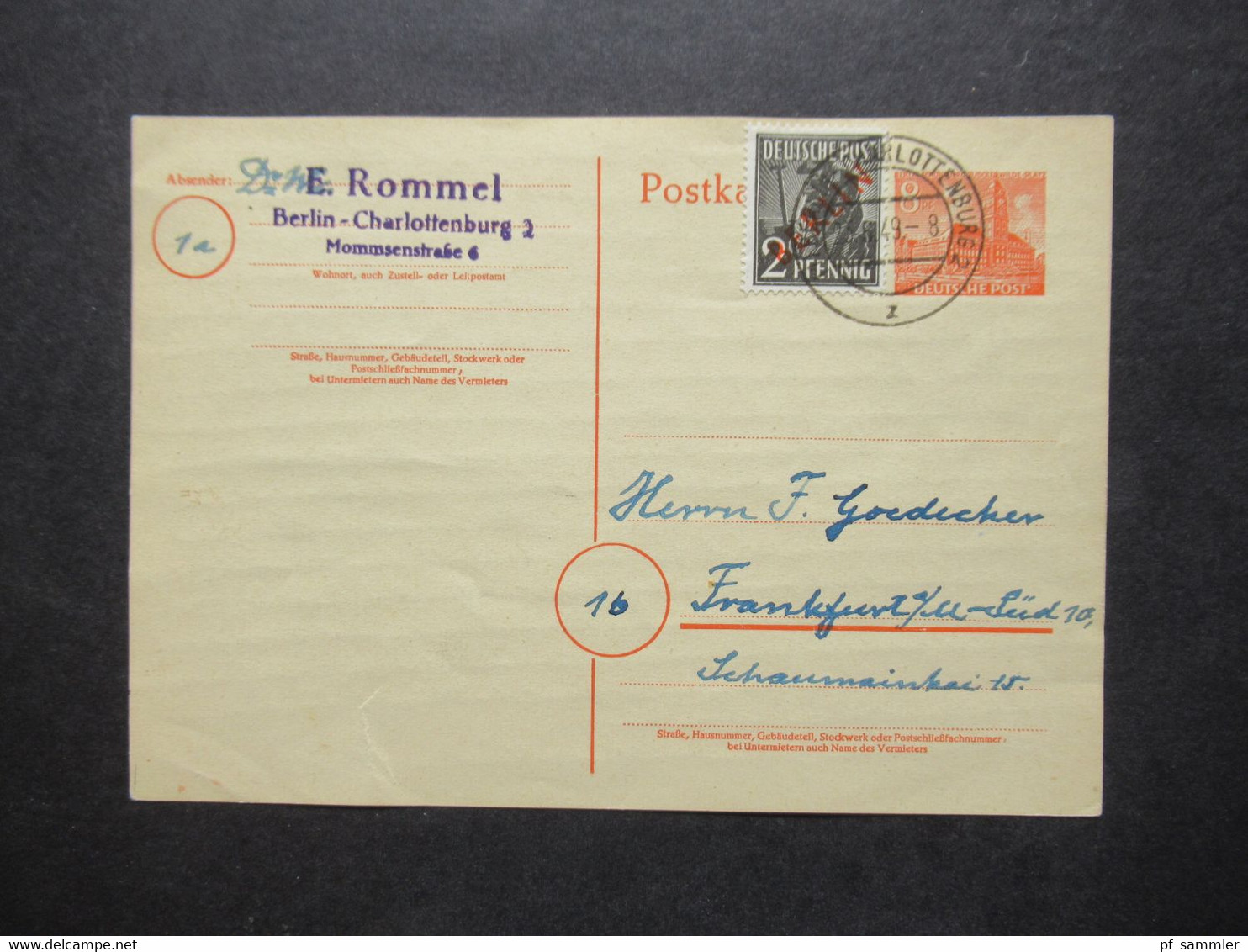 Berlin (West) 1949 GA P 4a Mit Zusatzfrankatur Rotaufdruck Als Fern PK Berlin - FFM Absender Dr. W. Rommel - Postcards - Used