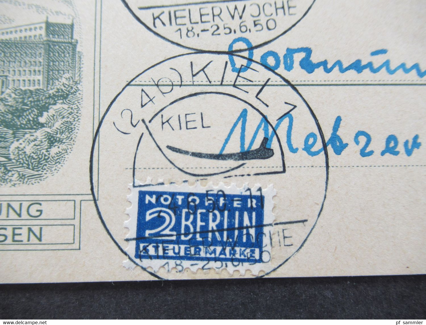 Berlin (West) 1950 Sonderpostkarte 100 Jahre Oberpostdirektion Berlin P 10 Mit ZuF Bauten Und SSt Kiel 1 Kieler Woche - Cartes Postales - Oblitérées