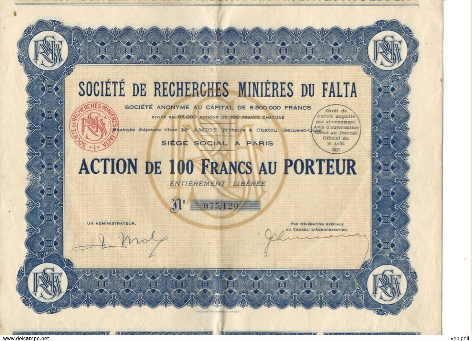 SOCIETE DE RECHERCHES MINIERES DU FALTA - TUNISIE - LOT DE 2  ACTIONS  DE 100 FRS - ANNEE 1931 - Miniere