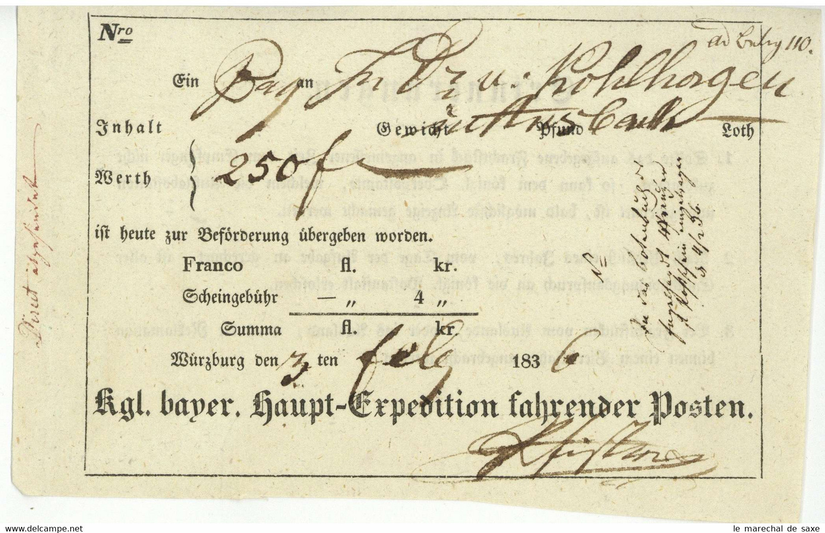 Würzburg 1836 Postschein Königlich Bayerisches Postamt Nach Ansbach Expedition Fahrender Posten - 1800 – 1899