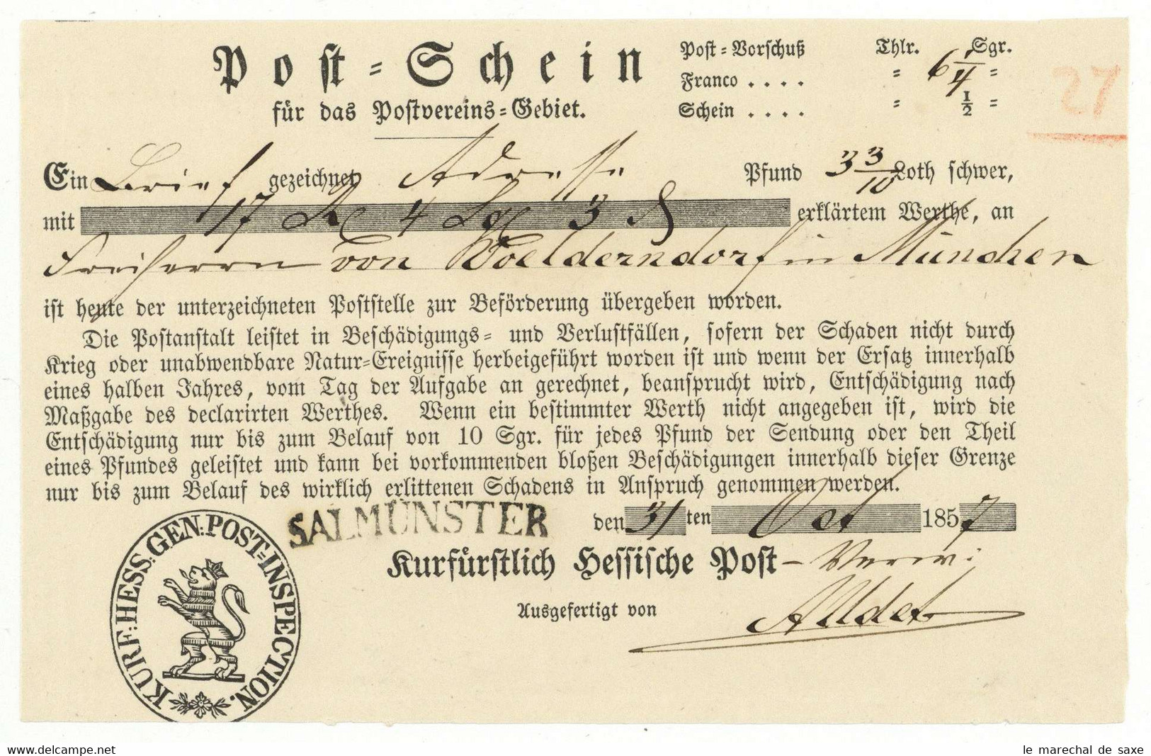 Salmünster 1857 Postschein Nach München - 1800 – 1899