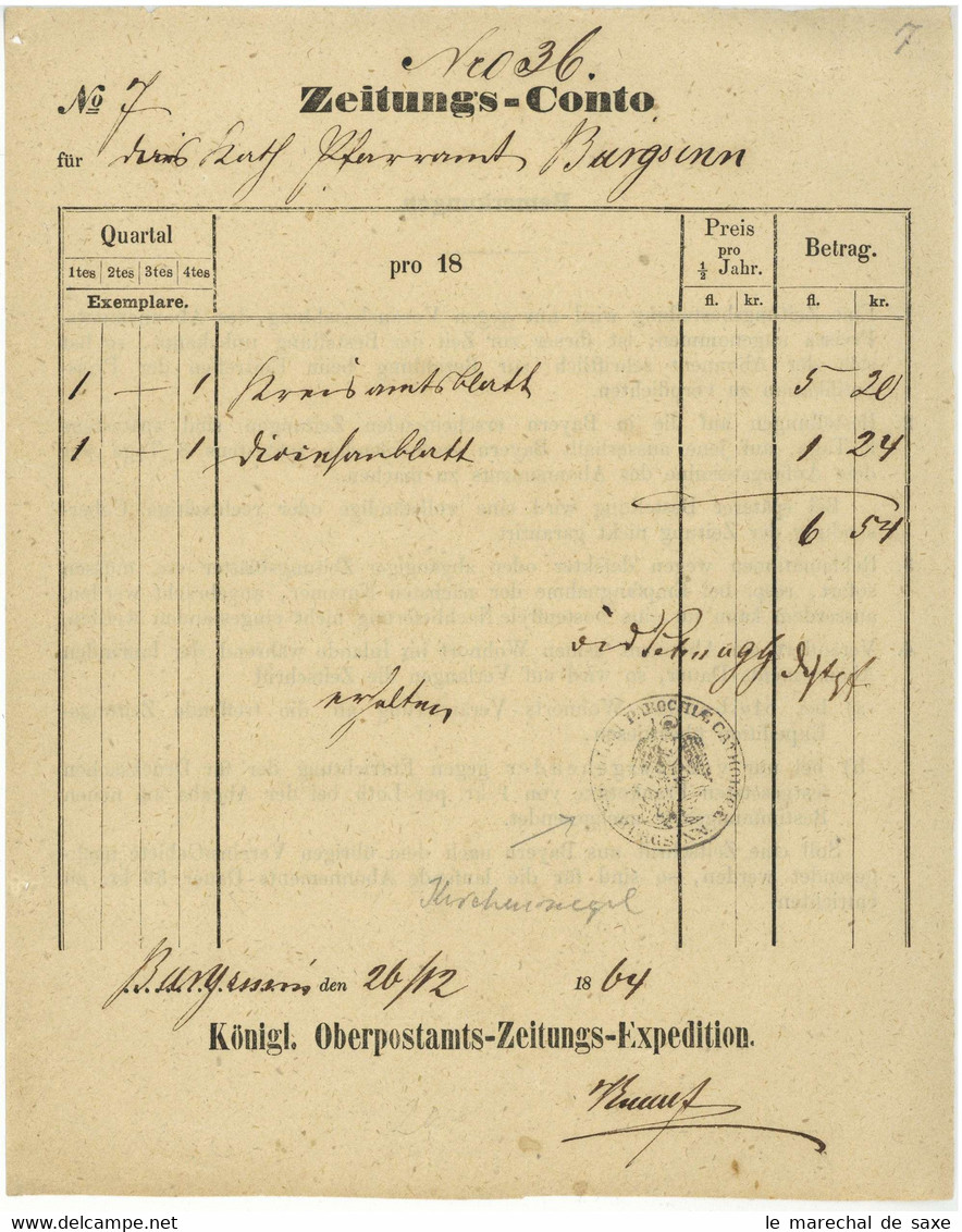 Burgsinn Spessart 1864 Zeitungsrechnung Kempf Königliche Oberpostamts-Zeitungs-Expedition - 1800 – 1899