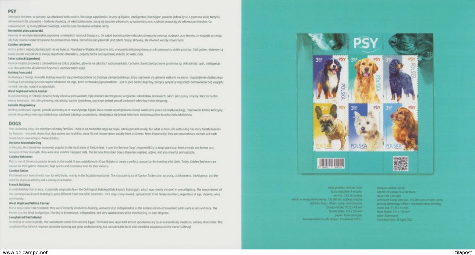 Poland 2022 Booklet Folder / Dogs - Bernese, Retriever, Setter, Bulldog, Terrier, Dachshund /with Perforated Block MNH** - Libretti