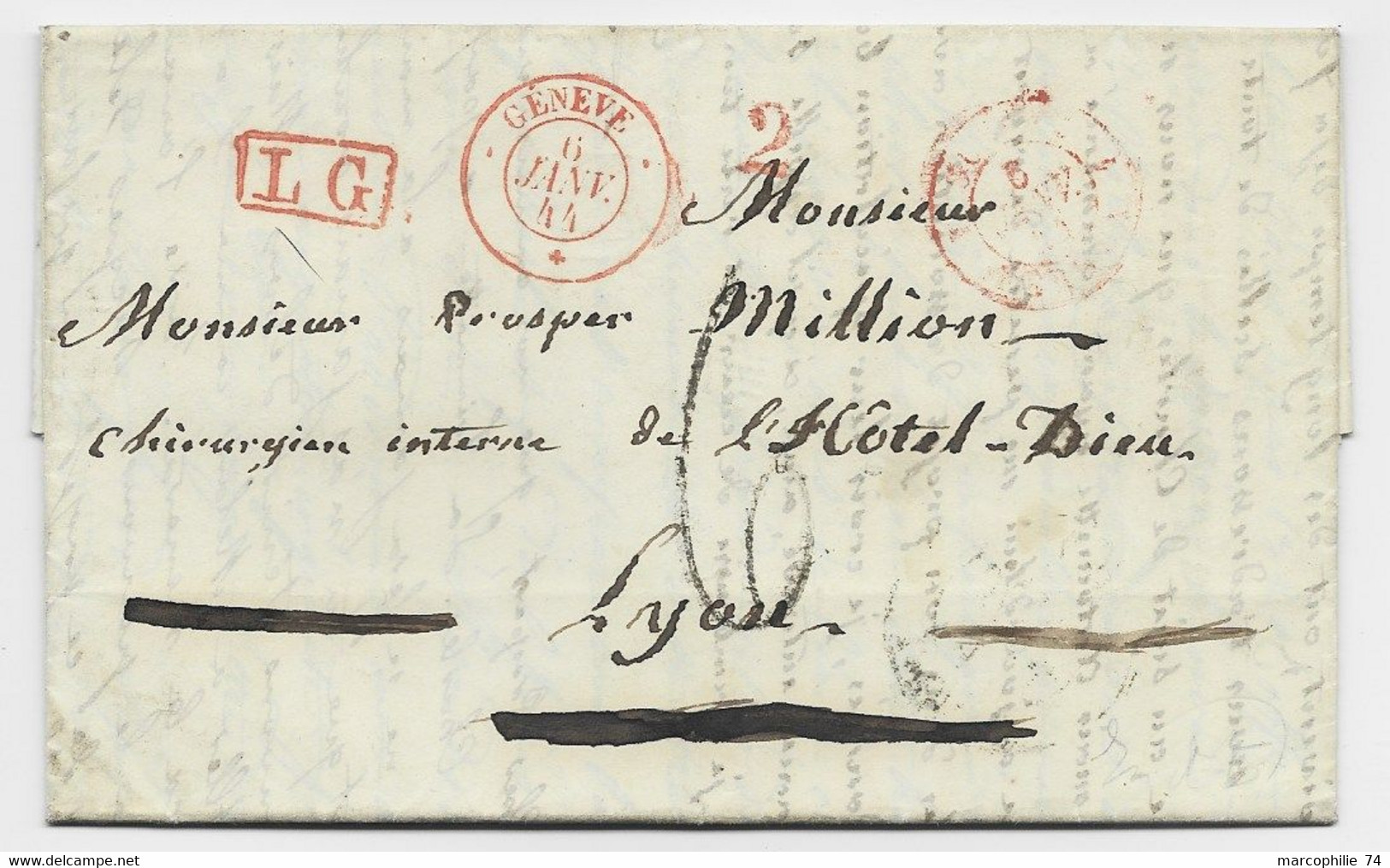 HELVETIA SUISSE CACHET ROUGE GENEVE 6 JANV 1844 LETTRE COVER + LG + 2 POUR LYON TAXE TAMPON 6 - Lettres & Documents