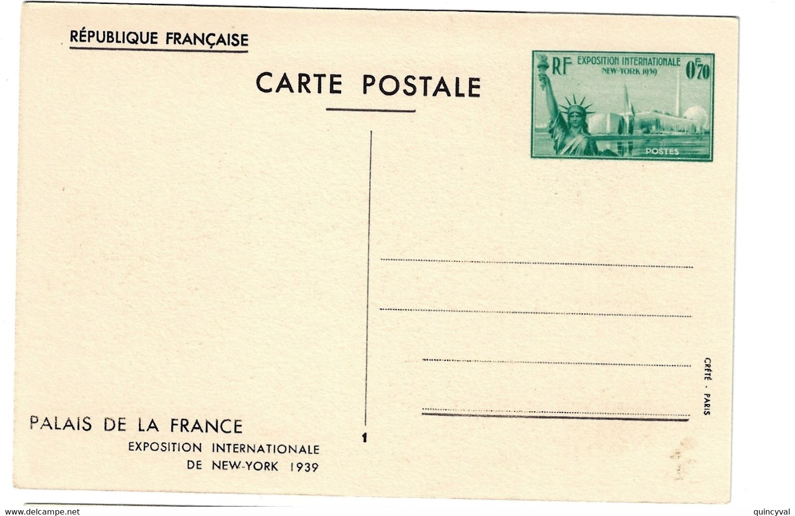 Carte Postale Entier Yv 426-CP1 Exposition Internationale New York 70c Vert - Standard- Und TSC-AK (vor 1995)