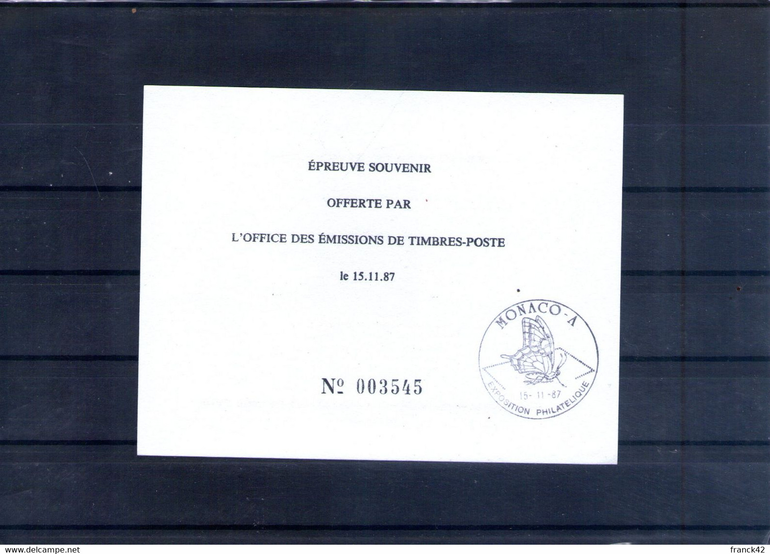 Monaco. Epreuve. La Philatélie. Exposition Philatélique Internationale. 1987 - Briefe U. Dokumente