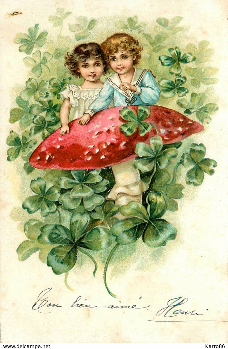Champignon & Enfants * CPA Illustrateur Gaufrée Embossed * Champignons Mushroom Enfant Fleurs Trèfle * 1906 - Champignons