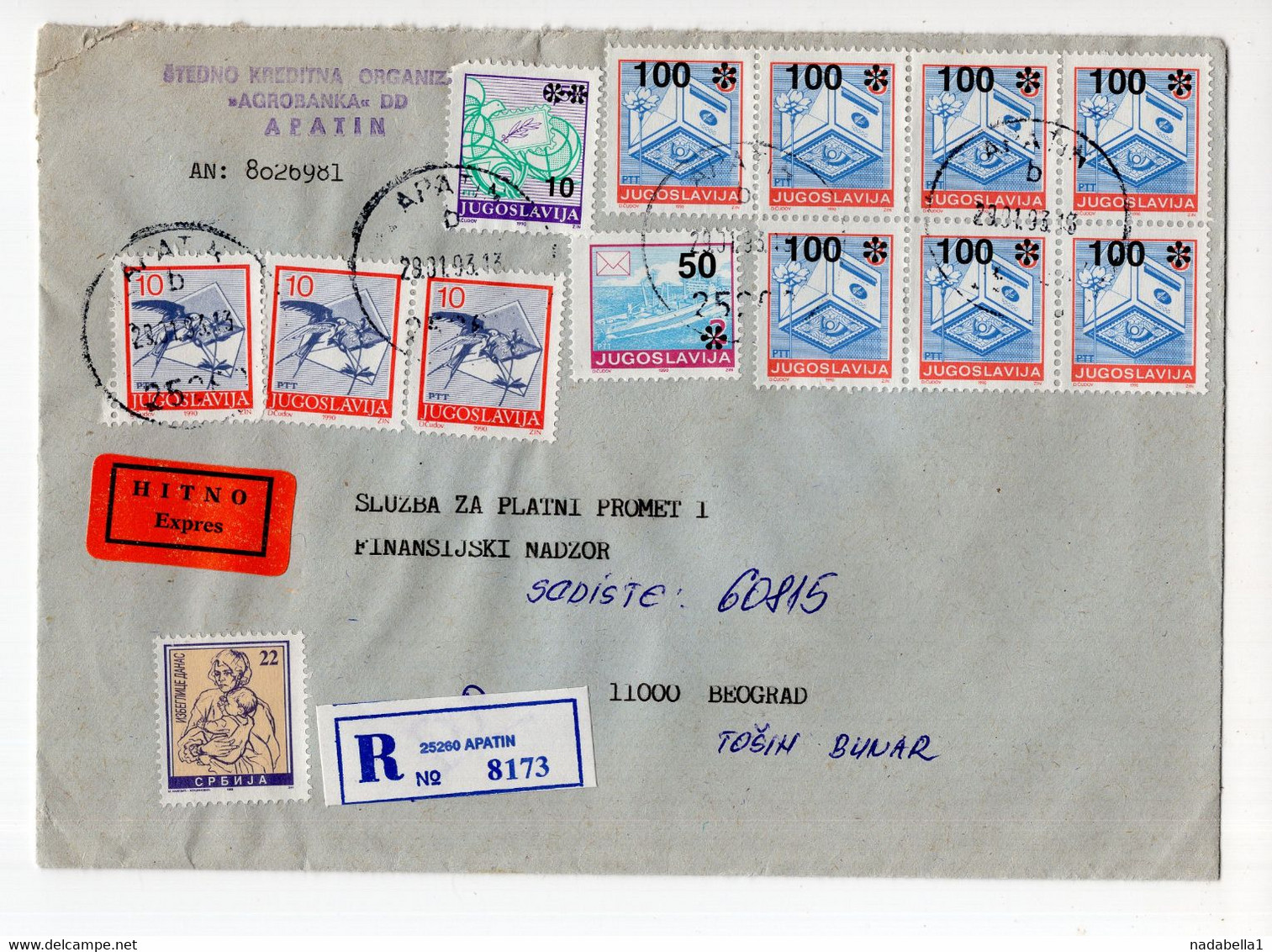 1993. YUGOSLAVIA,SERBIA,APATIN TO BELGRADE, EXPRESS REGISTERED COVER - Brieven En Documenten