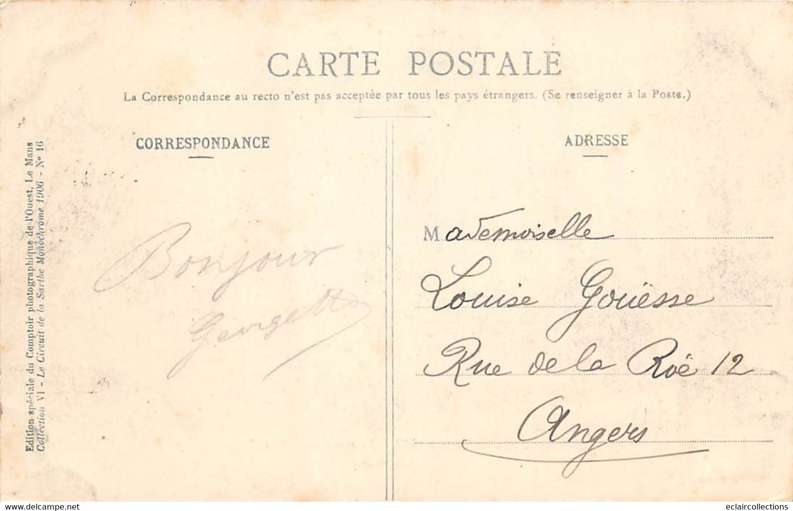 Thème Sport automobile    :Circuit de La Sarthe 1906 . 39 cartes numérotées - manque N° 2  Edit.Garczinski   (voir scan)