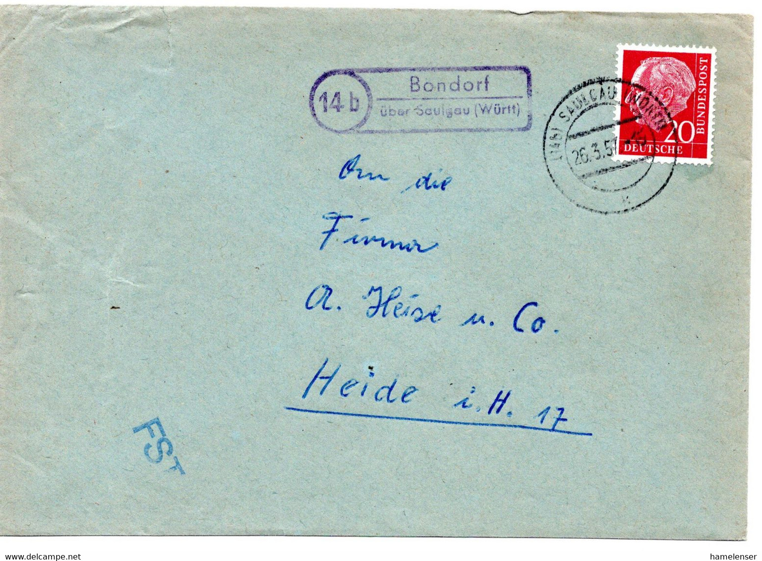 61755 - Bund - 1957 - 20Pfg Heuss I EF A Bf Landpoststpl BONDORF -> SAULGAU -> Heide - Lettres & Documents