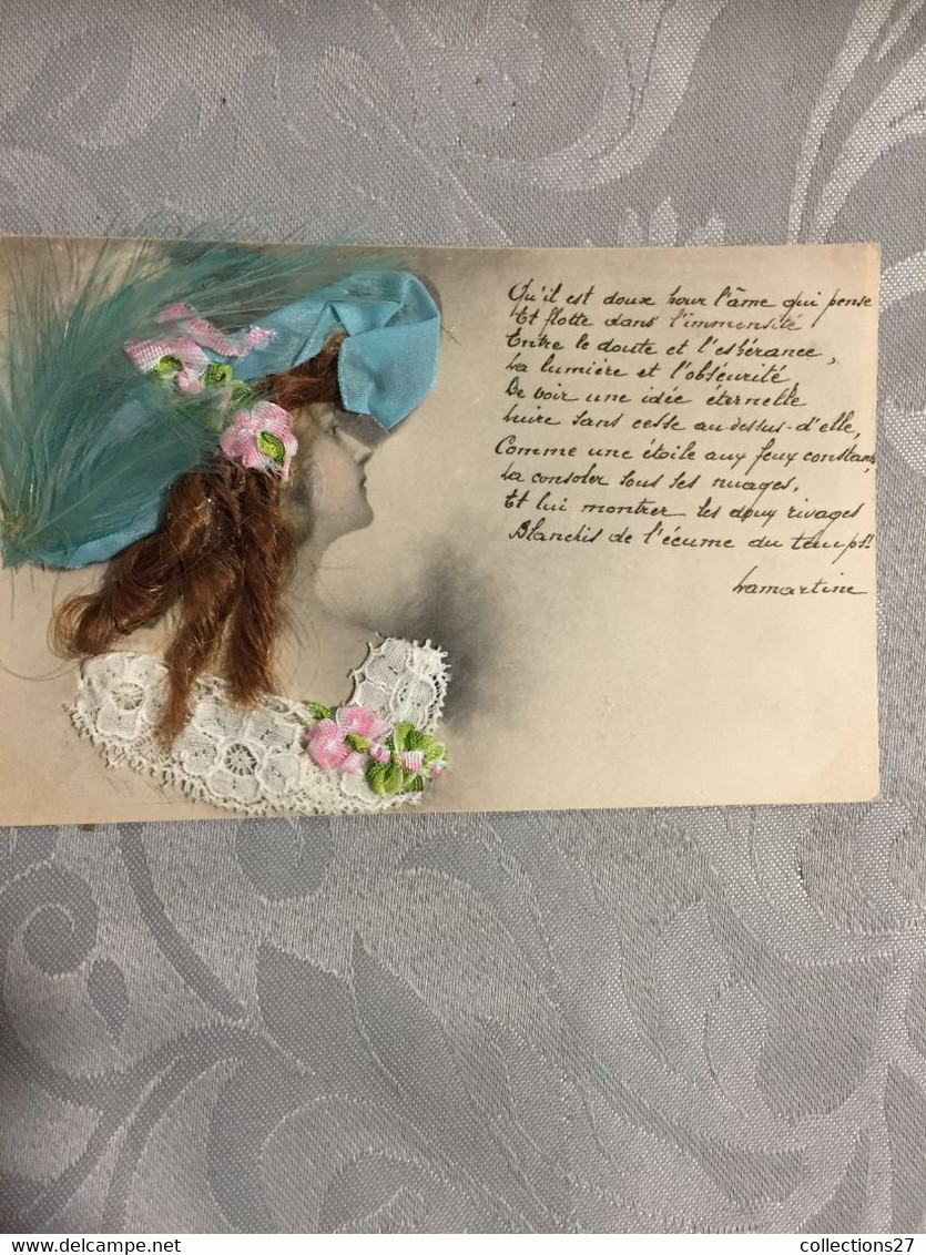 FEMME AVEC DES CHEVEUX, COL EN DENTELLE CHAPEAU EN PLUME ET RUBAN   - CARTE FANTAISIE - Mechanical