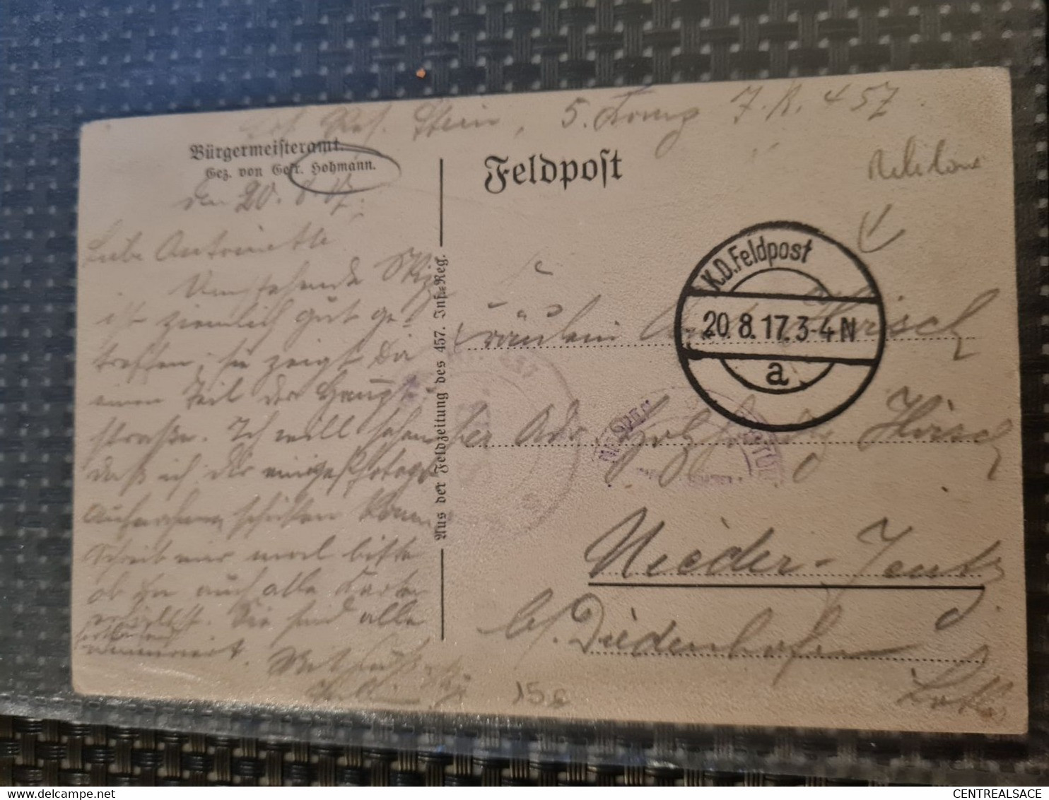 Carte FELDPOST K.D. 1917 Pour NIEDER JEUTZ DIEDENHOFFEN  Burgermeisteramt HAHMANN - Autres & Non Classés